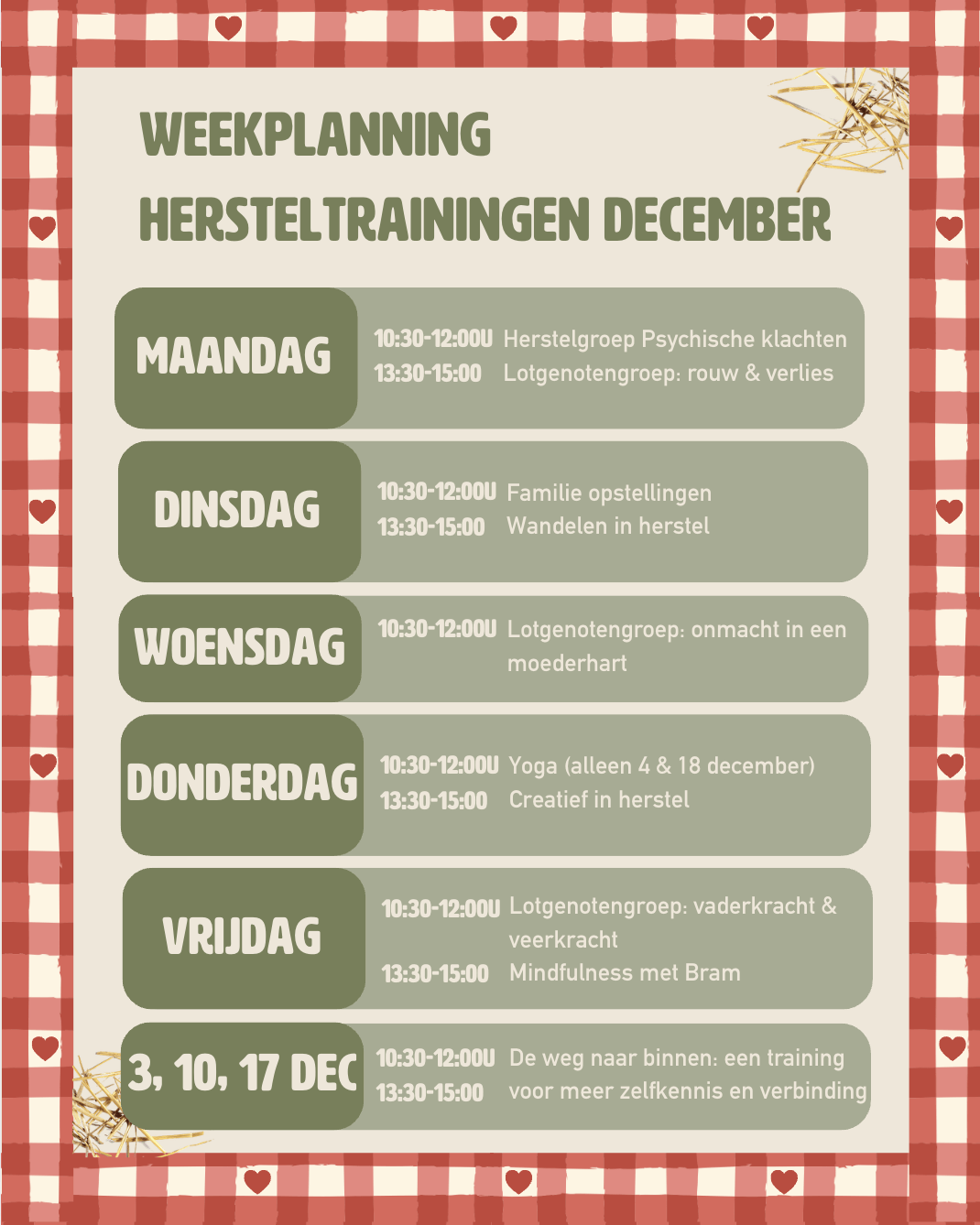Planning trainingen december